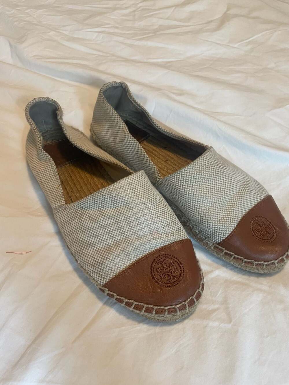 Tory Burch Tan Beige Woven Canvas Espadrille Flats